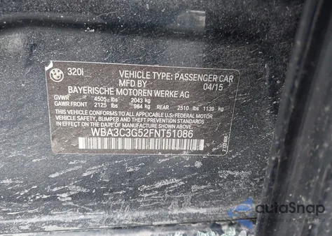 2015 BMW 320I xDrive z USA, uszkodzony, nr VIN WBA3C3G52FNT51086